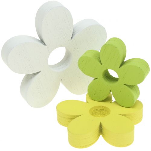Fleur en bois blanc/jaune/vert 3cm - 5cm 48p