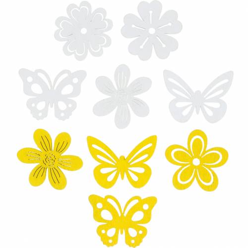 Floristik24 Fleurs et papillons à saupoudrer de bois jaune, blanc décoration de printemps décoration de printemps 72pcs