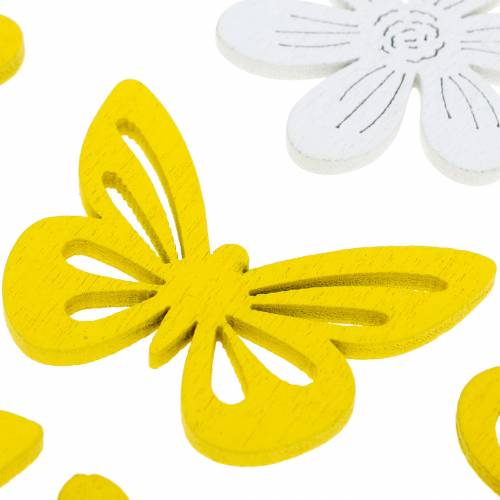 Article Fleurs et papillons à disperser décoration en bois jaune et blanc décoration printanière 72 pièces