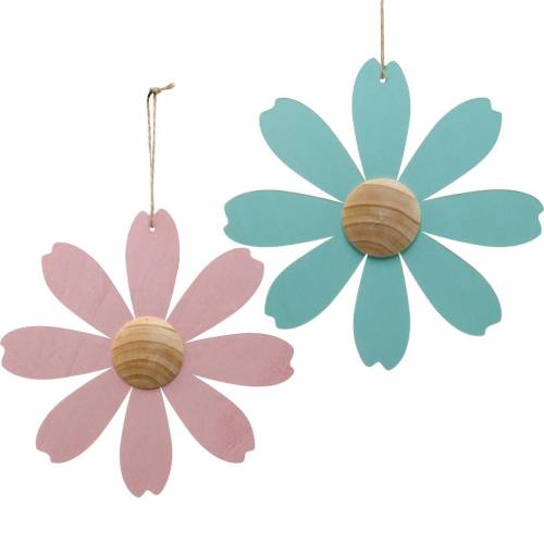 Floristik24 Fleurs en bois à suspendre, décoration printanière, fleur en bois rose et bleu, été, fleurs décoratives 4pcs