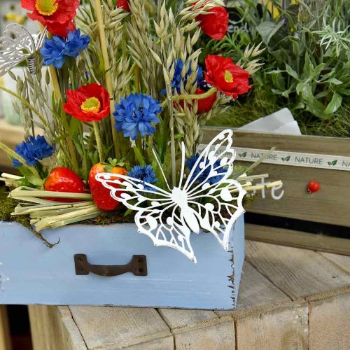 Article Bouchon fleur papillon, décoration jardin métal, bouchon plante shabby chic blanc, argent L51cm 3pcs