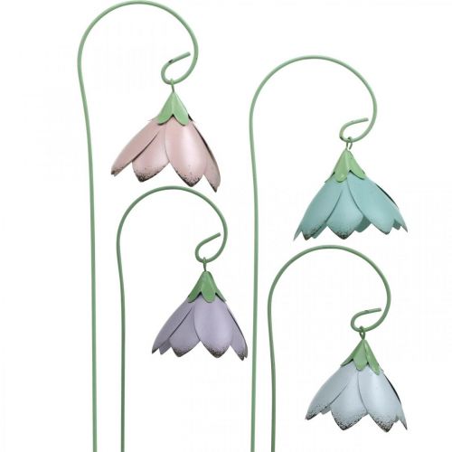 Floristik24 Cloches à coller, fleurs en métal, bouchons à ressort L34cm rose, violet, bleu, blanc lot de 4