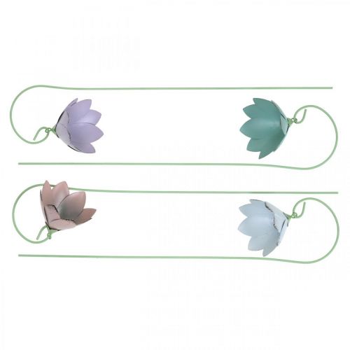 Floristik24 Cloches à coller, fleurs en métal, bouchons à ressort L34cm rose, violet, bleu, blanc lot de 4