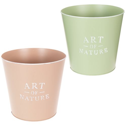 Lot de 2 cache-pots ronds en métal 22 cm vert et rose pastel