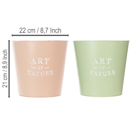Lot de 2 cache-pots ronds en métal 22 cm vert et rose pastel | Floristik24.be