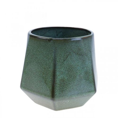 Pot de fleur jardinière céramique vert hexagonal Ø14cm H12cm