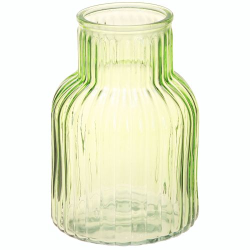 Vase à fleurs rétro en verre vert rainuré Ø13,5cm H20cm