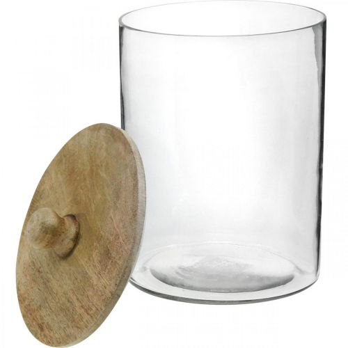 Floristik24 Pot en verre, bonbonnière avec couvercle en bois, verre décoratif couleur naturelle, transparent Ø17cm H24.5cm
