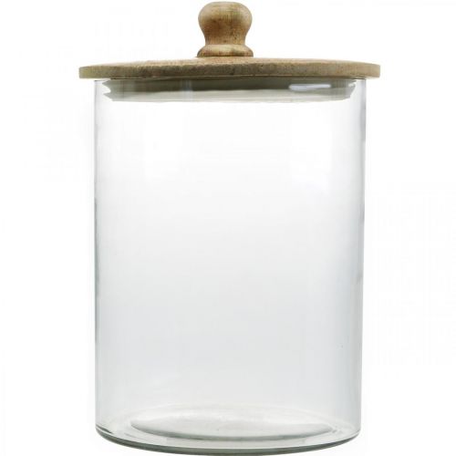 Floristik24 Pot en verre, bonbonnière avec couvercle en bois, verre décoratif couleur naturelle, transparent Ø17cm H24.5cm