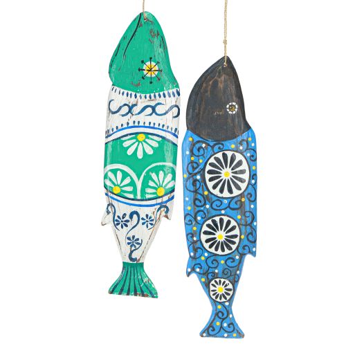 Article Décoration en bois poisson coloré à suspendre bleu et vert 38cm 2 pièces