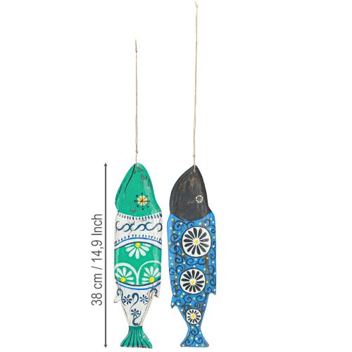 Article Décoration en bois poisson coloré à suspendre bleu et vert 38cm 2 pièces