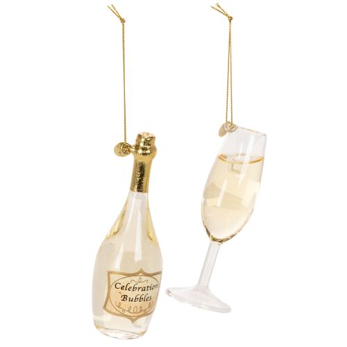 Ensemble pendentif bouteille et verre à champagne, décoration de sapin de Noël, 14 cm, 2 pièces