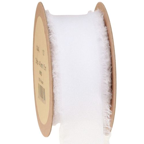 Floristik24 Ruban en mousseline de soie blanc avec franges 40 mm 15 m