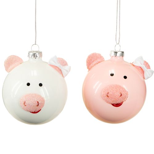 Floristik24 Boule de Noël cochon rose blanc boule en verre Ø8cm 2pcs