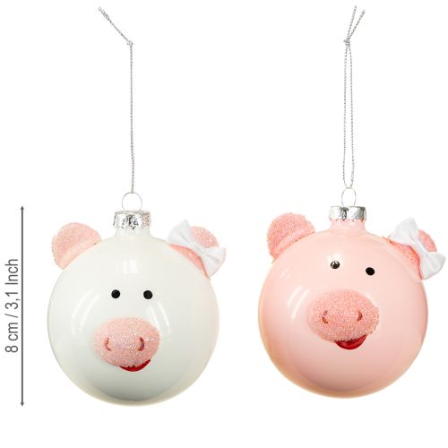 Article Boule de Noël cochon rose blanc boule en verre Ø8cm 2pcs