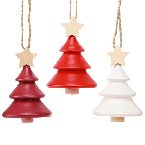 Décorations de sapin de Noël en bois de sapin rouge blanc 7,5 cm 6 pièces