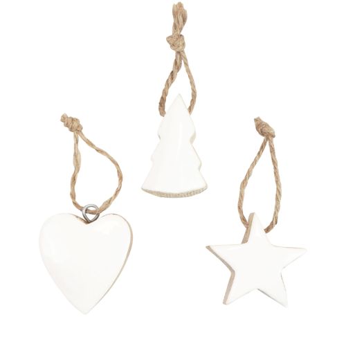 Article Décorations pour sapin de Noël mélange de bois coeur étoile sapin de Noël blanc, naturel 5cm 27 pcs