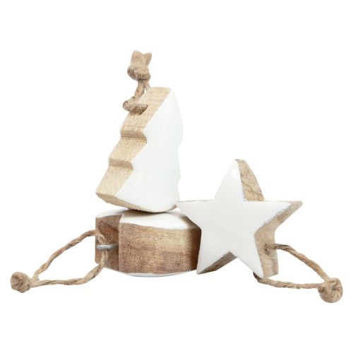 Article Décorations pour sapin de Noël mélange de bois coeur étoile sapin de Noël blanc, naturel 5cm 27pcs