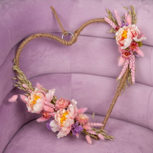 Floristik24 Coffret DIY décoration coeur boucle avec pivoines et fleurs séchées rose 33cm