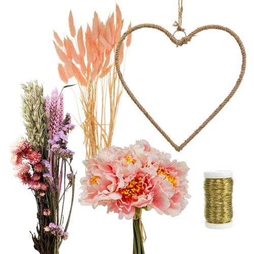 Article Coffret DIY décoration coeur boucle avec pivoines et fleurs séchées rose 33cm