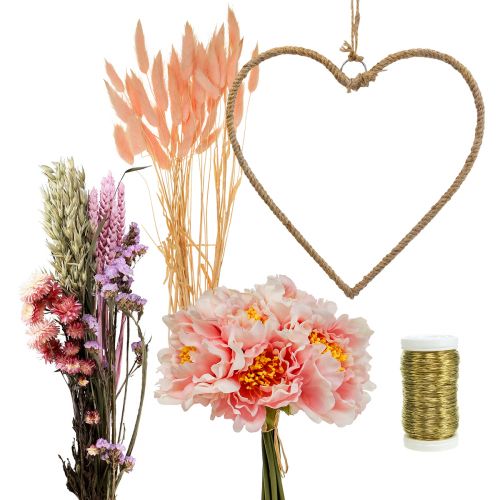 Floristik24 Coffret DIY décoration coeur boucle avec pivoines et fleurs séchées rose 33cm