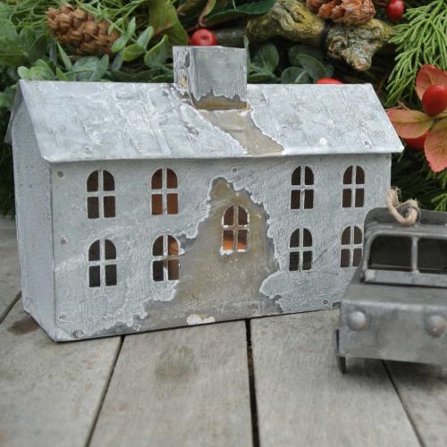 Article Lanterne de maison en métal, décoration pour Noël, shabby chic, blanchie à la chaux, aspect antique H12.5cm L17.5cm