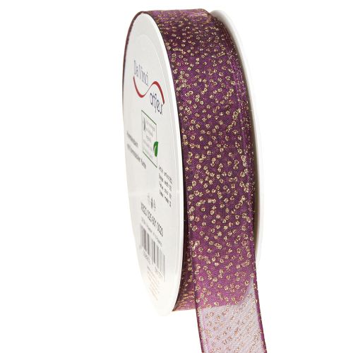 Floristik24 Ruban décoratif violet à pois dorés, dimensionnellement stable, 25 mm, 20 m