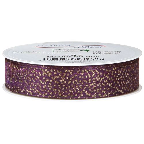 Article Ruban décoratif violet à pois dorés, dimensionnellement stable, 25 mm, 20 m