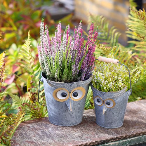 Jardinière décorative hibou en zinc avec anse Ø15/19cm lot de 2