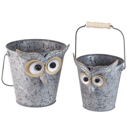 Floristik24 Jardinière décorative seau hibou zinc avec anse Ø15/19cm lot de 2