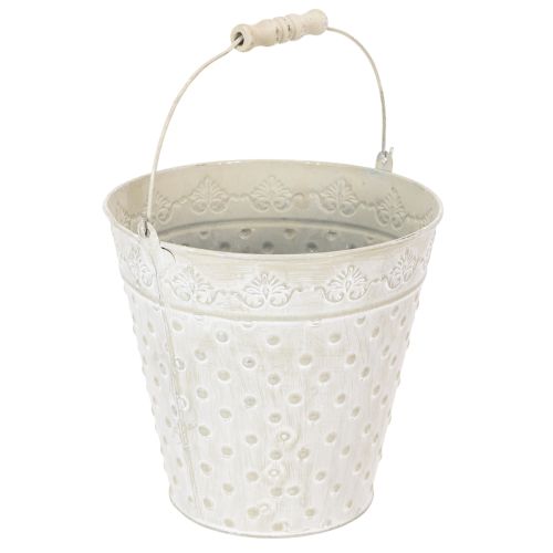 Seau décoratif blanchi à la chaux, avec anse, Ø 20,5 cm, pot de fleurs décoratif en métal | Floristik24.be