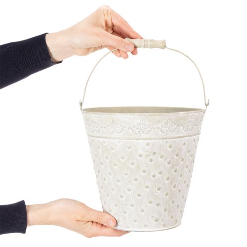 Seau décoratif blanchi à la chaux, avec anse, Ø 20,5 cm, pot de fleurs décoratif en métal | Floristik24.be