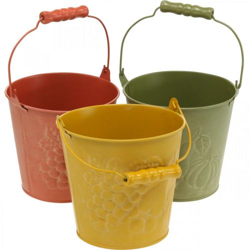 Floristik24 Seau déco de fruits lavés jaune, orange, vert Ø15cm H14cm lot de 3