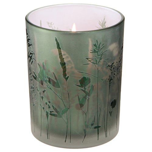 Floristik24 Lanterne décorative en verre vert blanc motif prairie H12,5cm 2 pièces