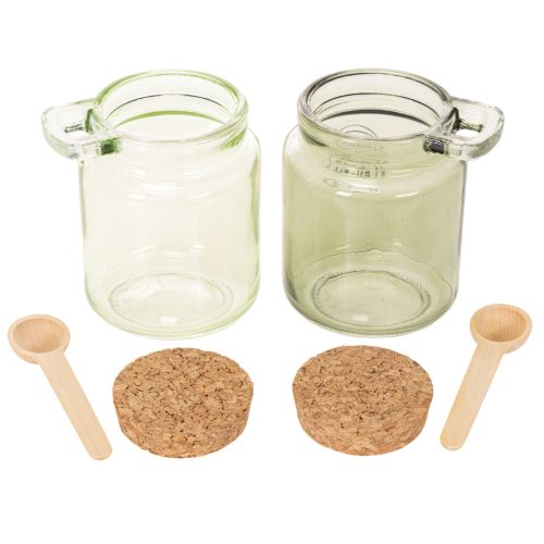 Verre décoratif avec couvercle en liège et cuillère, vert, Ø7cm, H10cm, 2 pièces | Floristik24.be