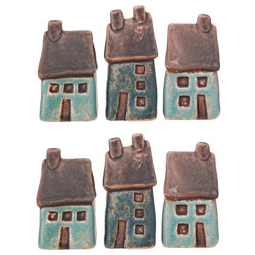 Article Maison décorative en céramique bleu marron vintage H6,5/7cm 6 pcs
