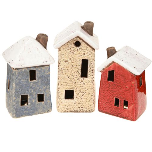 Maison décorative en céramique crème rouge gris 10/12/13,5 cm 3 pièces