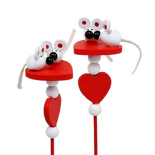 Floristik24 Coeurs décoratifs avec des souris sur un bâton rouge 12pcs