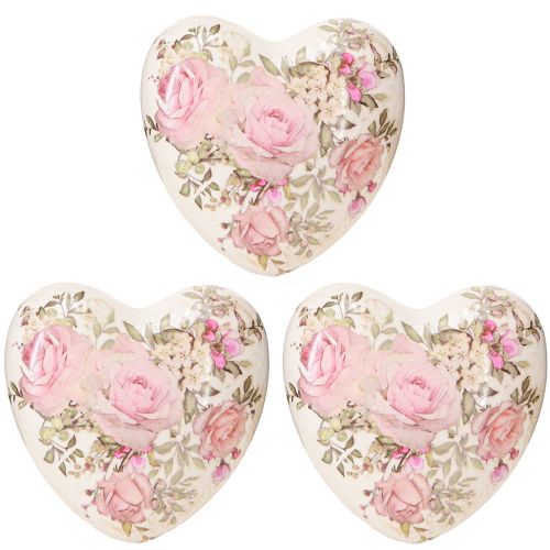 Article Coeurs décoratifs avec rose en céramique rose crème 8x8cm 3pcs