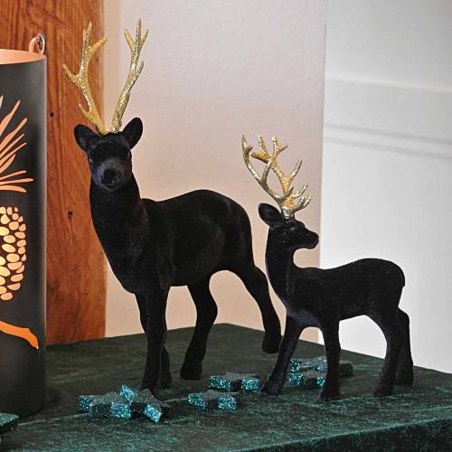 Article Cerf décoratif floqué noir, doré 20cm 2pcs