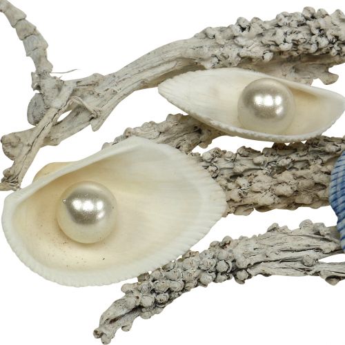 Article Assortiment décoratif de coquillages avec perle et bois blanc, bleu 200 g