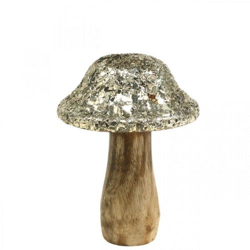 Déco champignon bois champignon en bois avec motif mosaïque doré H12cm