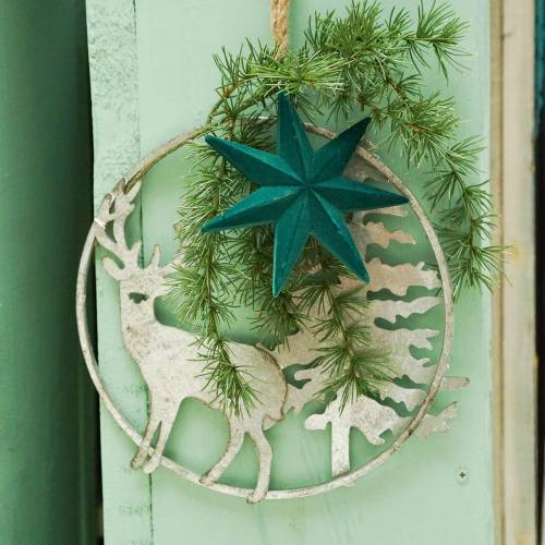 Floristik24 Anneau déco renne et sapin aspect antique argenté Ø30cm A suspendre
