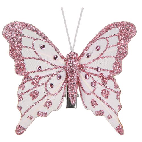 Article Papillons décoratifs en plumes rose pailleté 7,5x7cm 4 pcs