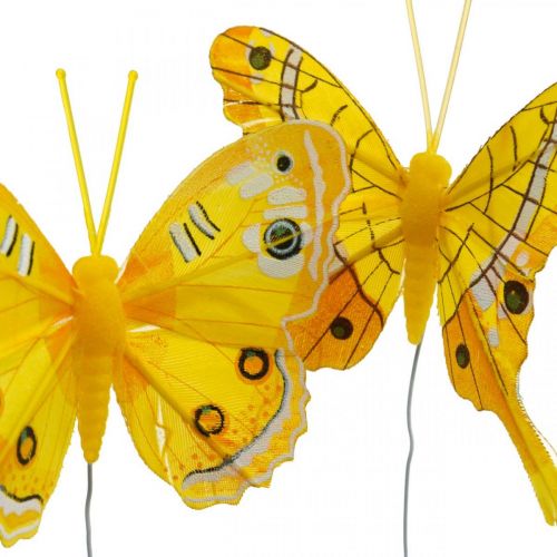Article Papillons décoratifs papillon plume jaune sur fil 7,5cm 6pcs