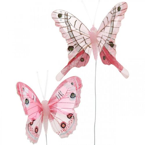 Floristik24 Papillons décoratifs papillon plume rose sur fil 7,5cm 6pcs