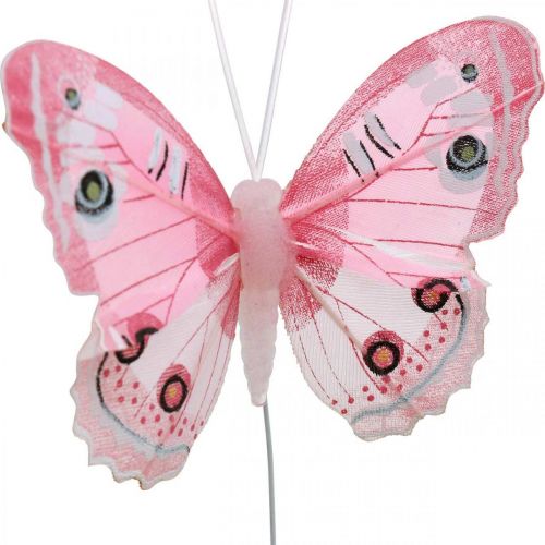 Floristik24 Papillons décoratifs papillon plume rose sur fil 7,5cm 6pcs