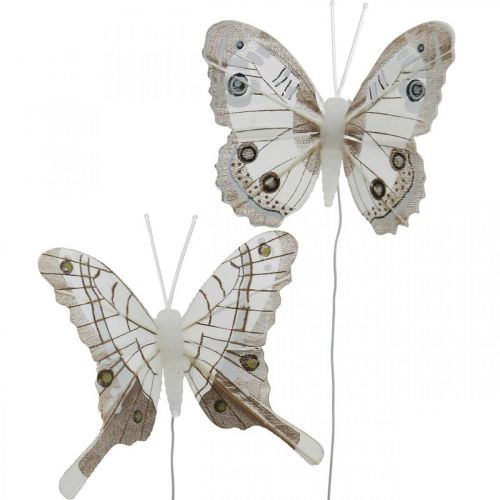 Floristik24 Papillons déco plumes blanches, marron papillon sur fil 7.5cm 6pcs