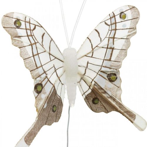 Floristik24 Papillons déco plumes blanches, marron papillon sur fil 7.5cm 6pcs