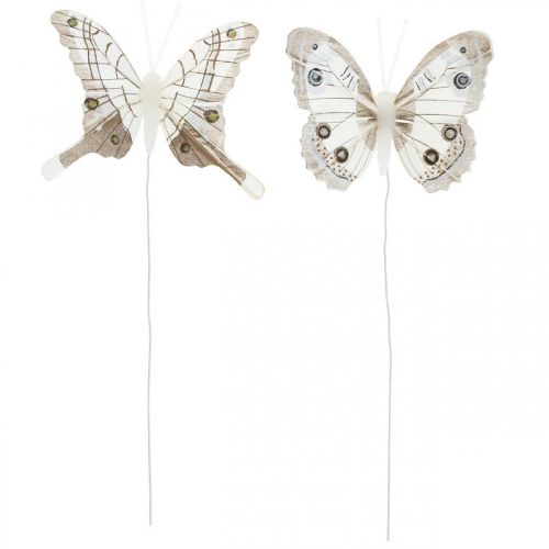 Floristik24 Papillons déco plumes blanches, marron papillon sur fil 7.5cm 6pcs